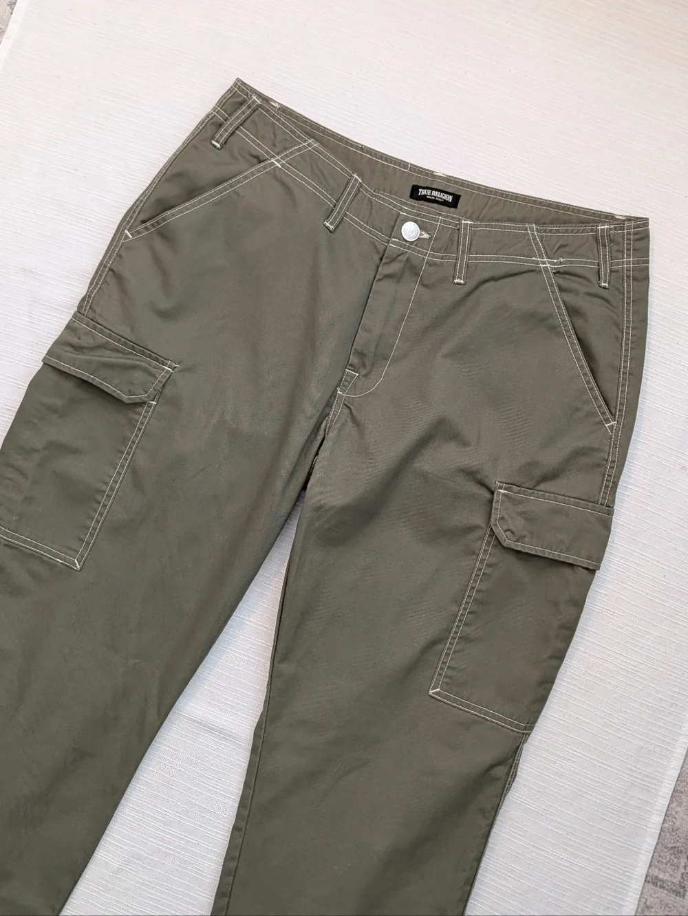 True Religion Ripstop Cargo Pants Kalamata Green White Stitch Men Sz 36